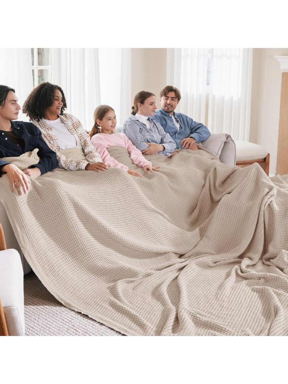 Oversized King Blanket - 100% Cotton Waffle Weave, Soft Beige Throw for Cozy